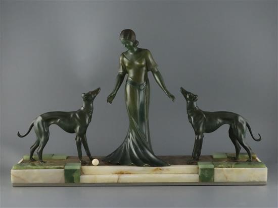 P. Huguenot. An Art Deco bronze and three coloured onyx group of a medieval lady and two hounds, width 28.5in. height 17.25in.